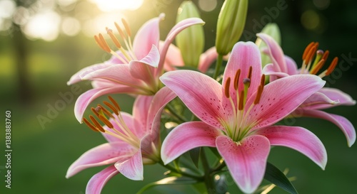 Pink Lilies in Sunlight - Close-up of delicate pink lilies bathed in warm sunlight, showcasing their vibrant petals and intricate details