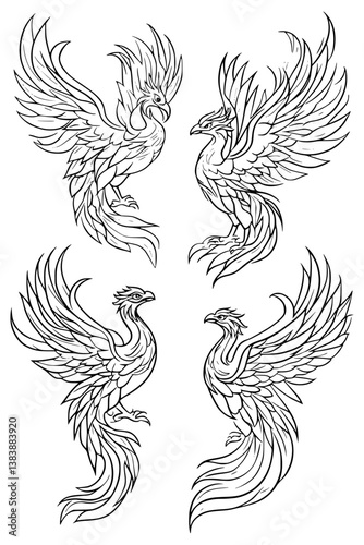 Collection of Phoenixes coloring book vector designs, Phoenixes illustration art