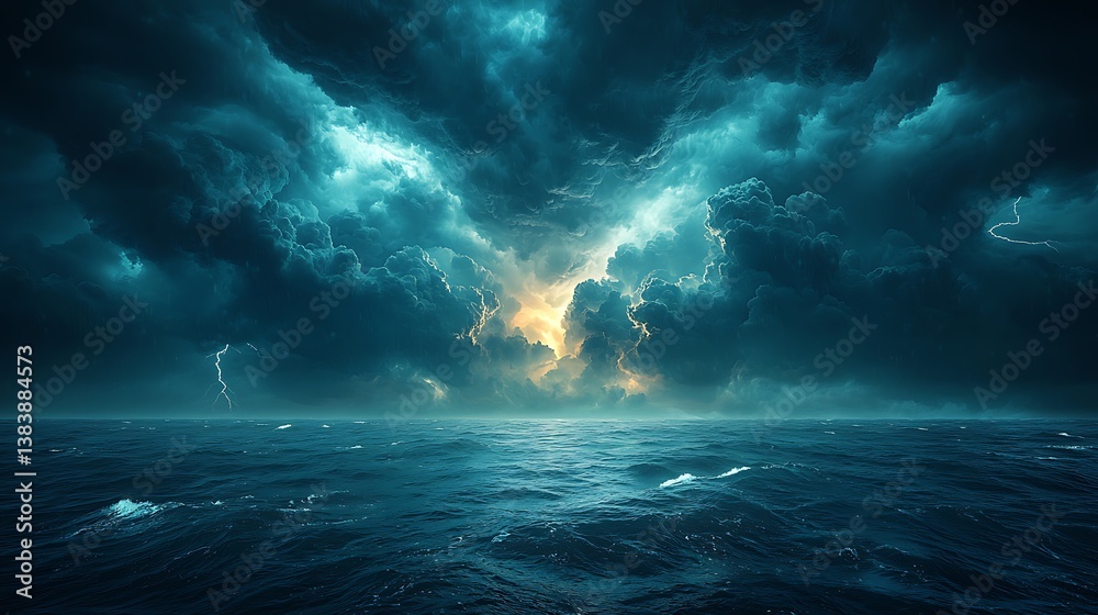 Fototapeta premium A powerful image of a stormy sky over a calm ocean, emphasizing the striking contrast between chaos above and tranquility below