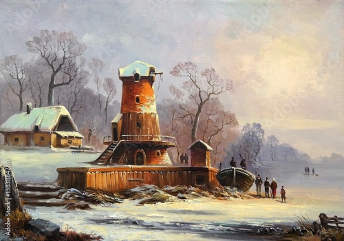 winter landscape with windmill