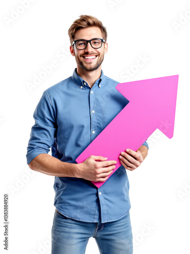 A cheerful young man in a light blue shirt and jeans holds a large, vibrant pink arrow pointing upwards against a transparent background