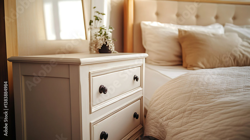 Close up of bedside cabinet near bed with beige bedding, french country interior design of modern bedroom