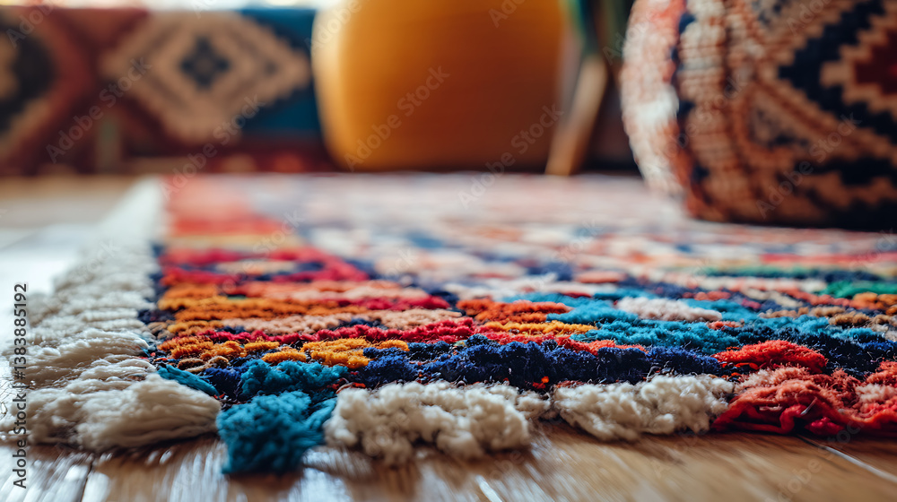 Fototapeta premium Close up of moroccan crafted carpet on a wooden floor, selective focus