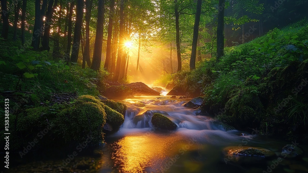 Obraz premium Sun-Drenched Trees and Flowing Forest Water