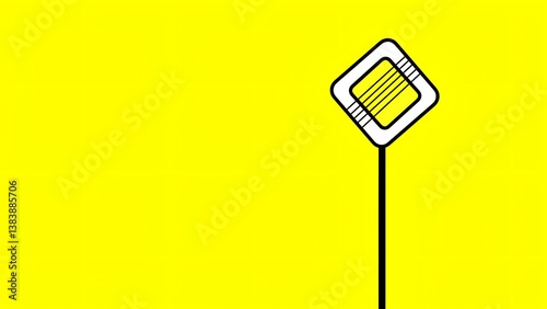 Modern artistic sign stands against a bright yellow background in an urban setting during daylight hours