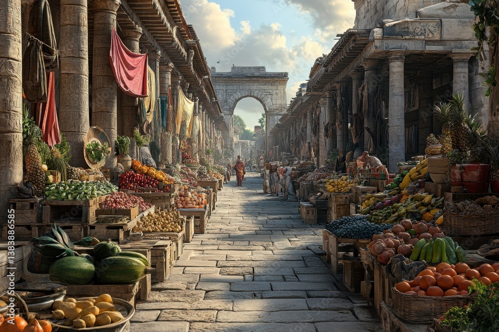 Fototapeta premium Bustling ancient market filled with fresh produce and vibrant colors at midday