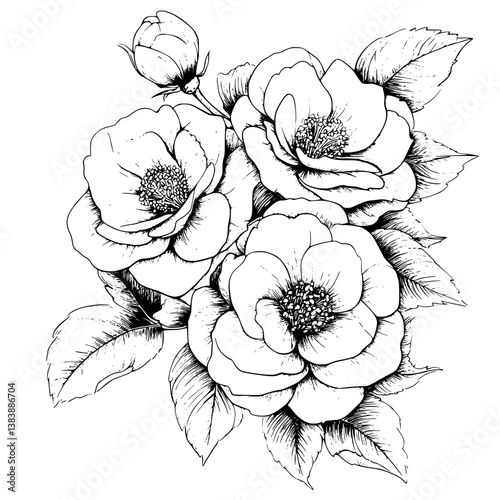 Collection of Camellias coloring book vector designs, Camellias vector graphic