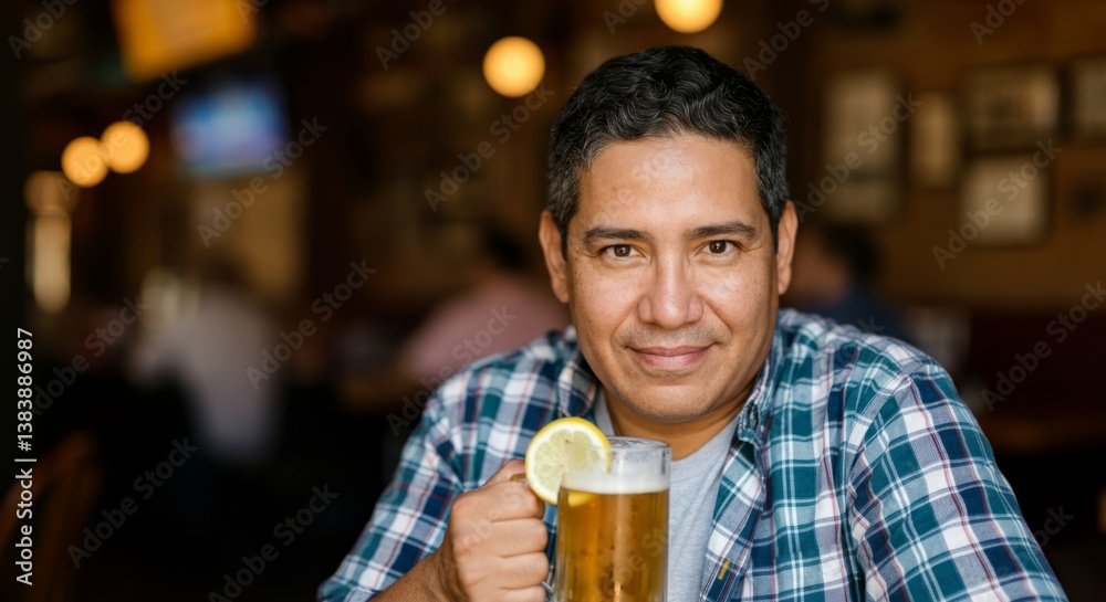 Hispanic adult male enjoying a beer at a cozy bar setting Hispanic adult male enjoying a beer at a cozy bar setting