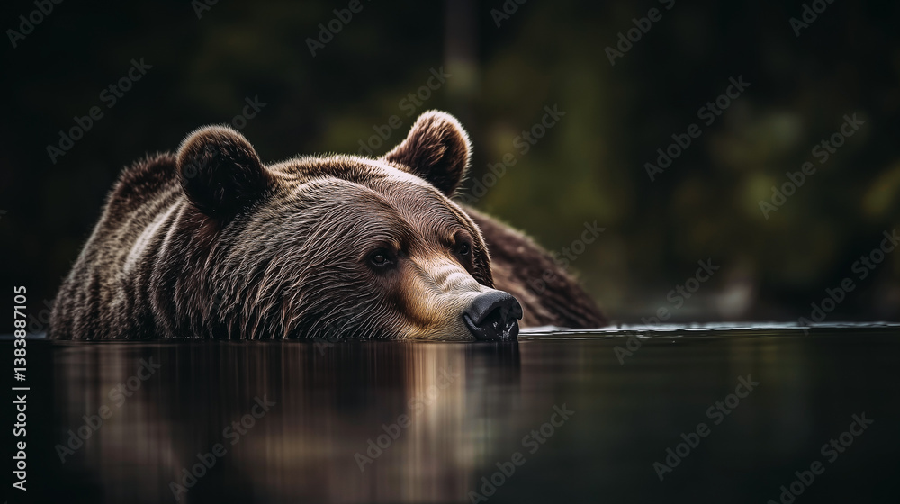 Grizzly bear relaxing in river. Shallow depth of field.