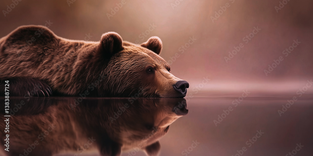 Grizzly bear relaxing in river. Shallow depth of field.