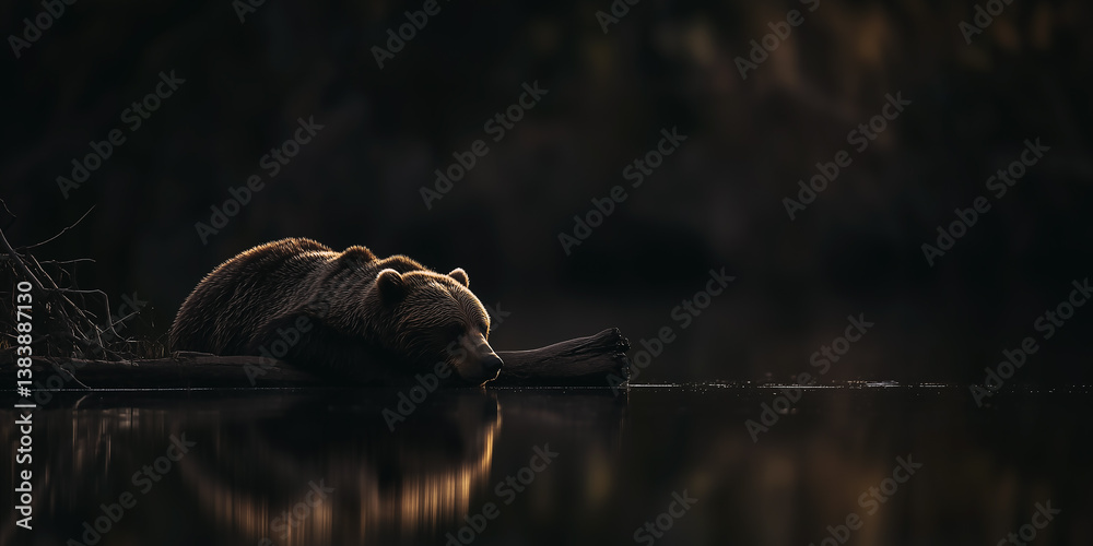 Grizzly bear relaxing on tree trunk in river. Shallow depth of field.