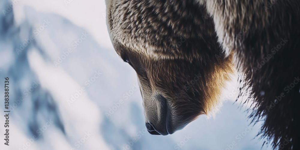 Close-up of head of a grizzly bear in soft light during winter.
