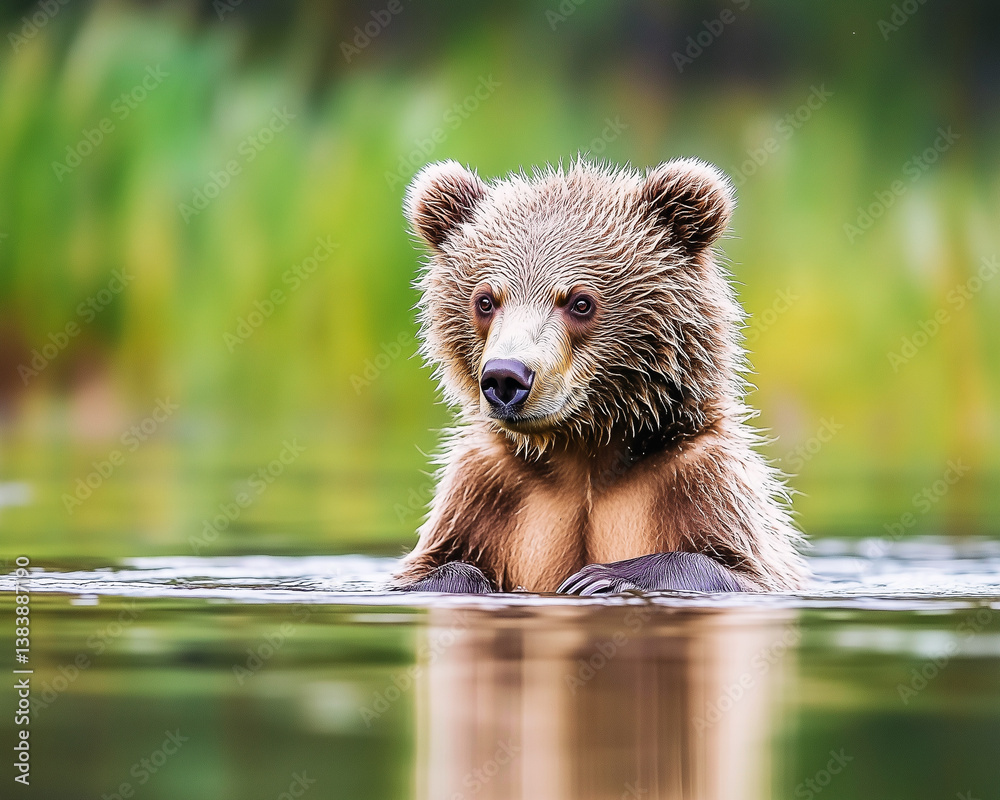 Curious grizzly bear cub in a river. Shallow depth of field.