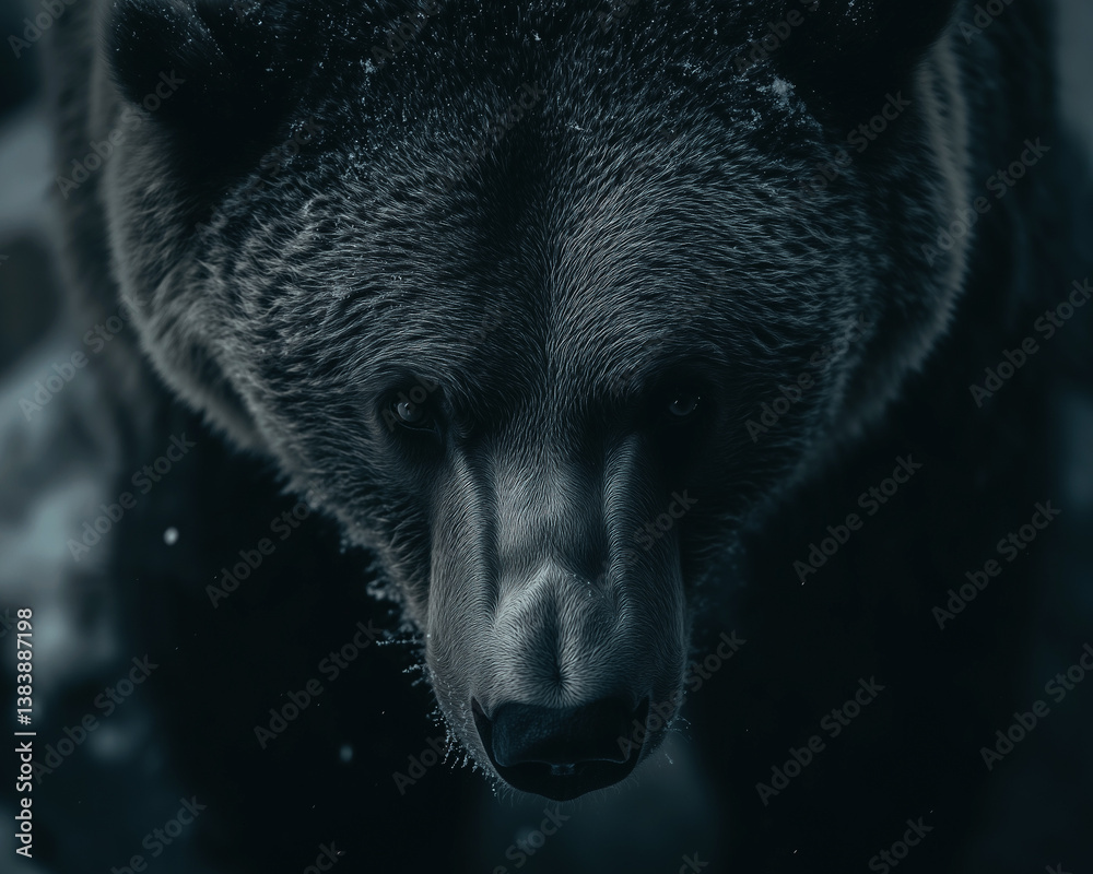 Close-up of head of a grizzly bear in soft light during winter.