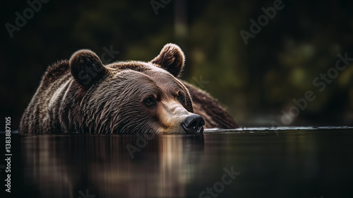 Grizzly bear relaxing in river. Shallow depth of field.