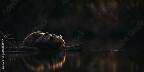 Obraz na płótnie Grizzly bear relaxing on tree trunk in river. Shallow depth of field. w salonie