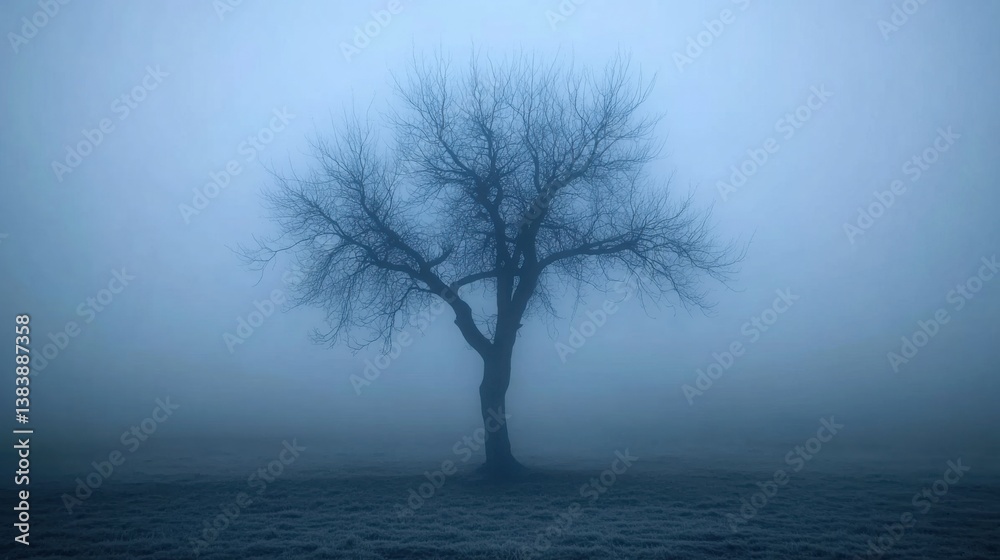 Lonely Tree Silhouetted Against Dense Fog in Mysterious Atmosphere Lonely Tree Silhouetted Against Dense Fog in Mysterious Atmosphere