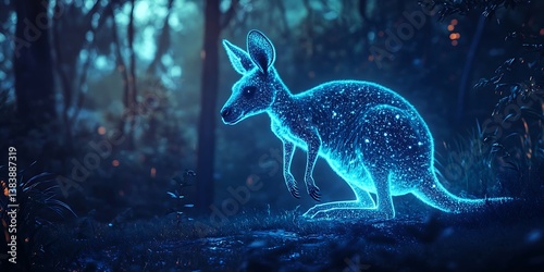 Glowing Bioluminescent Kangaroo Exploring a Magical Forest Wallpaper Background for Fantasy, Adventure, and Whimsical Design Projects photo