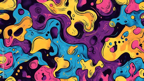 Colouful abstract organic shapes seamless illustration pattern, trendy retro style doodle backgound