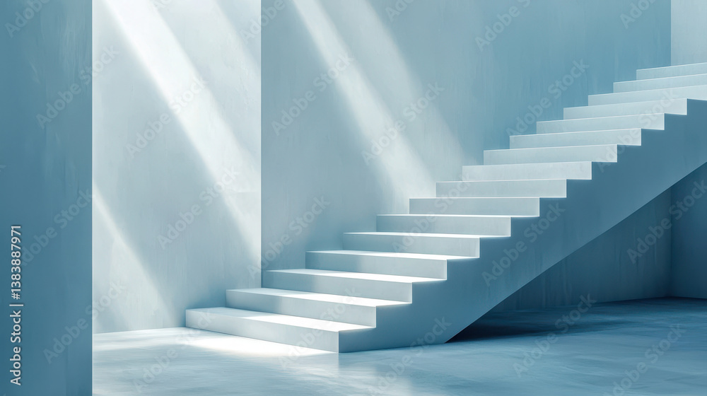 Obraz premium modern staircase in minimalist interior, featuring smooth light blue walls and soft shadows creating serene atmosphere. design emphasizes simplicity and elegance