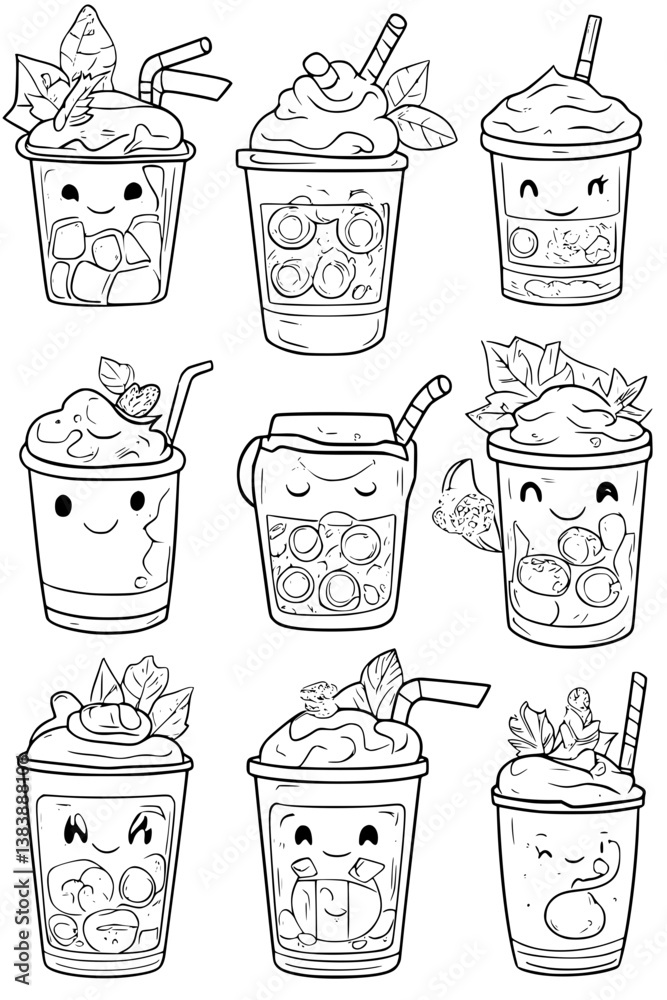 Obraz premium Collection of Bubble teas with smiling faces coloring book vector designs, Bubble teas with smiling faces vector graphic