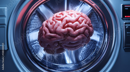 Conceptual image depicting a brain being washed inside a washing machine, representing the idea of brainwashing