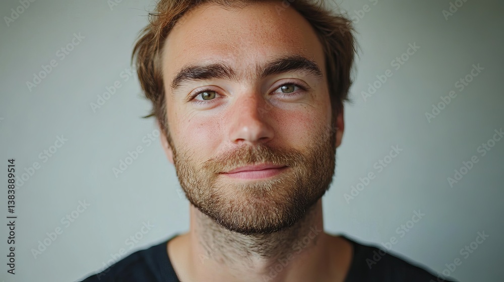 Close up portrait of a man with brown hair and a beard against a neutral colored background looking at camera Close up portrait of a man with brown hair and a beard against a neutral colored background looking at camera