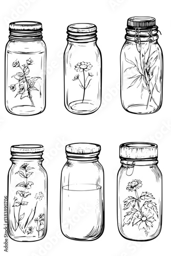 Collection of Mason jars coloring book vector designs, Mason jars vector graphic