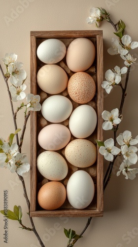 Pastel-colored eggs rest gently in a wooden tray, surrounded by delicate white blossoms and green leaves, embodying the essence of springtime renewal and joy