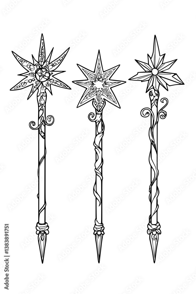 Obraz premium Collection of Star wands coloring book vector designs, Star wands vector graphic