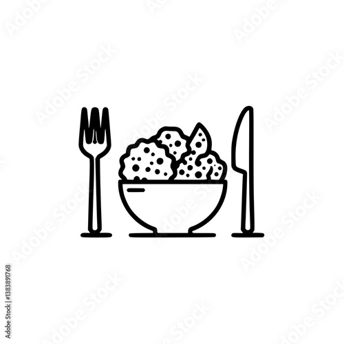 Icon illustration of food in a bowl with a fork on the left and a knife on the right and outline illustration of food