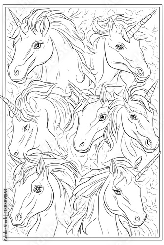 Collection of Unicorns coloring book vector designs, Unicorns vector graphic