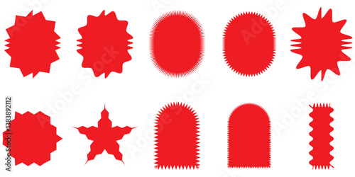 Sticker wavy shape mocha mousse colour, stamp rectangle, oval border icon, wave edge frame set. Star burst label, price tag corrugated, promo badge isolated on white background. Vector illustration