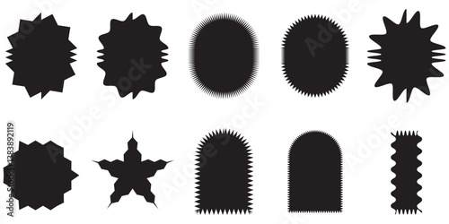 Sticker wavy shape mocha mousse colour, stamp rectangle, oval border icon, wave edge frame set. Star burst label, price tag corrugated, promo badge isolated on white background. Vector illustration
