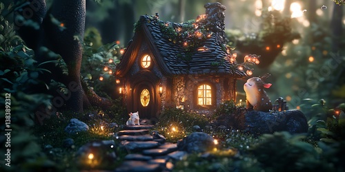 Tiny Enchanted Forest Animal Shelter with Fairytale Creatures Resting Wallpaper Background for Fantasy, Magical, and Serene Design Projects photo