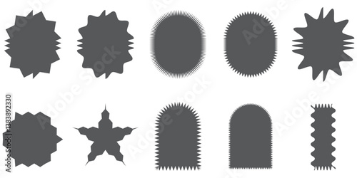 Sticker wavy shape mocha mousse colour, stamp rectangle, oval border icon, wave edge frame set. Star burst label, price tag corrugated, promo badge isolated on white background. Vector illustration