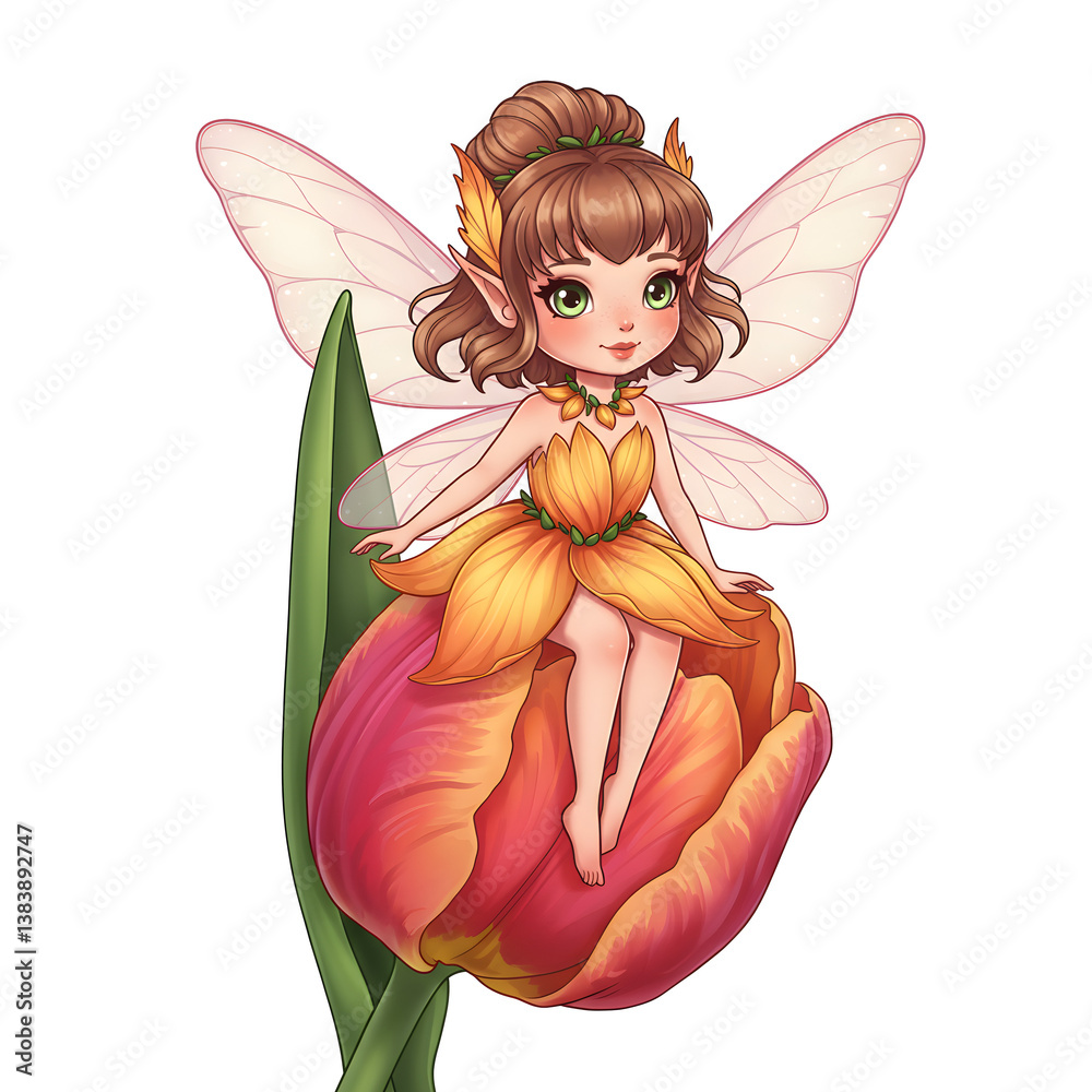 Adorable flower fairy with flame-shaped hair on a blooming tulip isolated on transparent background
Adorable flower fairy with flame-shaped hair on a blooming tulip isolated on transparent background