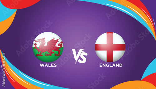 Wales VS England broadcast template for sports UEFA Women's Euro 2025. Football or soccer tournament vector illustration graphics. 3D stock illustration.