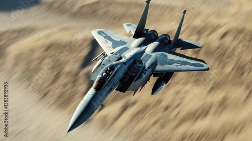 A powerful fighter jet navigates the vast blue skies, gliding over rocky mountain terrain with precision and speed. This showcases aerial capabilities and military prowess