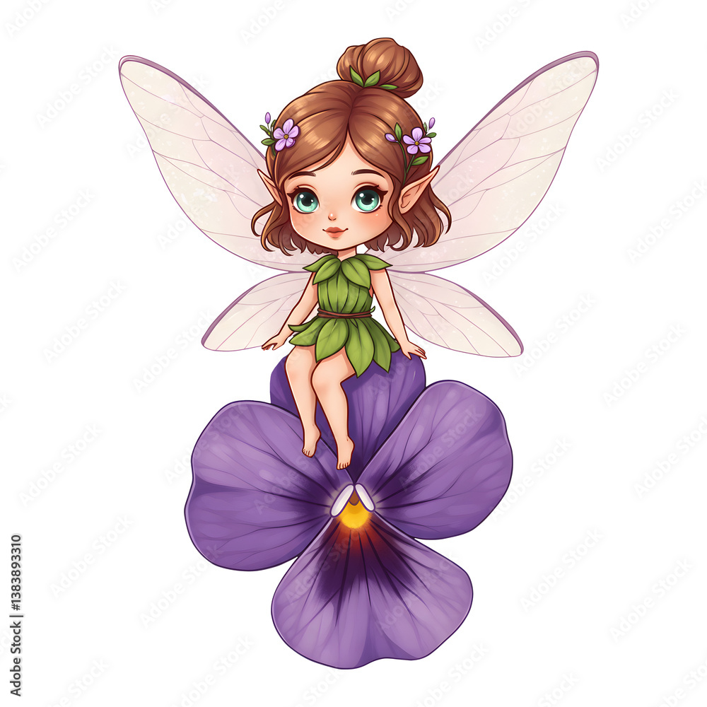 Adorable fairy girl with leafy dress sitting on a blooming pansy isolated on transparent background
Adorable fairy girl with leafy dress sitting on a blooming pansy isolated on transparent background