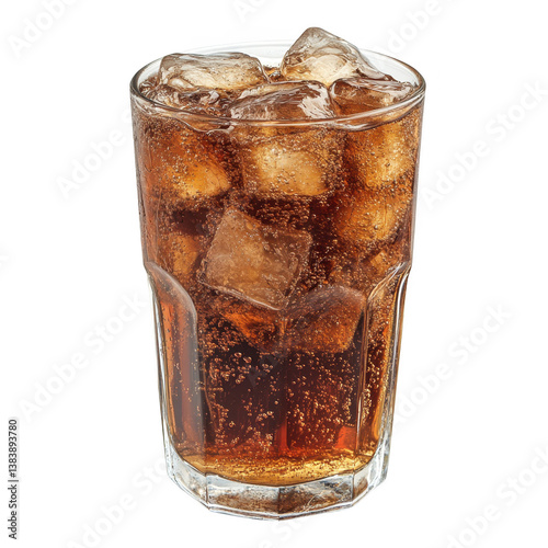 Refreshing glass of soda with ice cubes and bubbles