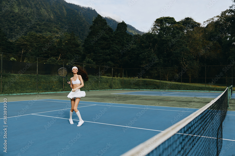 Obraz premium Young female tennis player in white sportswear expressing joy while playing on an outdoor court surrounded by green mountains and trees