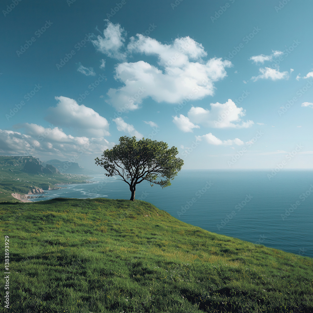 solitary tree stands on grassy hill overlooking serene ocean, with clear blue sky and fluffy clouds creating peaceful atmosphere. scene evokes tranquility and natural beauty solitary tree stands on grassy hill overlooking serene ocean, with clear blue sky and fluffy clouds creating peaceful atmosphere. scene evokes tranquility and natural beauty