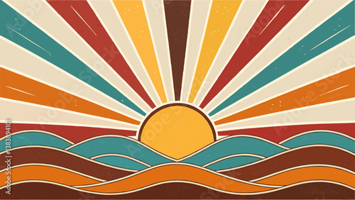 Retro-inspired sunrise scene with vibrant rays and stylized waves in warm and cool tones, evoking a nostalgic, summery vibe