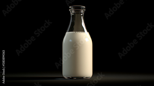 A clear glass bottle filled with non homogenized milk, isolated against a simple background, the milk's rich, creamy texture is clearly visible, highlighting its natural, unprocessed quality