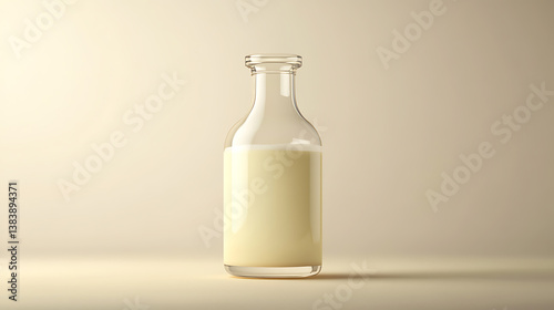 A clear glass bottle filled with non homogenized milk, isolated against a simple background, the milk's rich, creamy texture is clearly visible, highlighting its natural, unprocessed quality