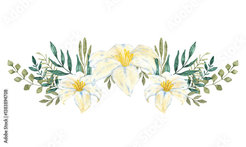 White flowers and green leaves. Watercolor composition. For first communion, wedding, baprism greeting card, invitation. Hand drawn. White lily. Isolated on a white background