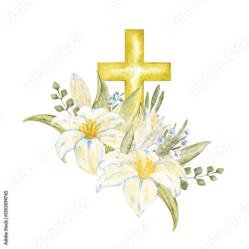 Watercolor composition with white and blue flowers and golden cross. For first communion, wedding, baprism greeting card, invitation. Catholic religious symbols. Hand drawn. Isolated