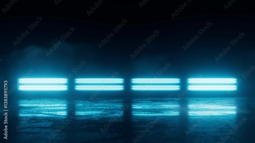 Abstract stage background with bright lights and fog animation. Empty template for product presentation. Night party celebration texture. Seamless loop.