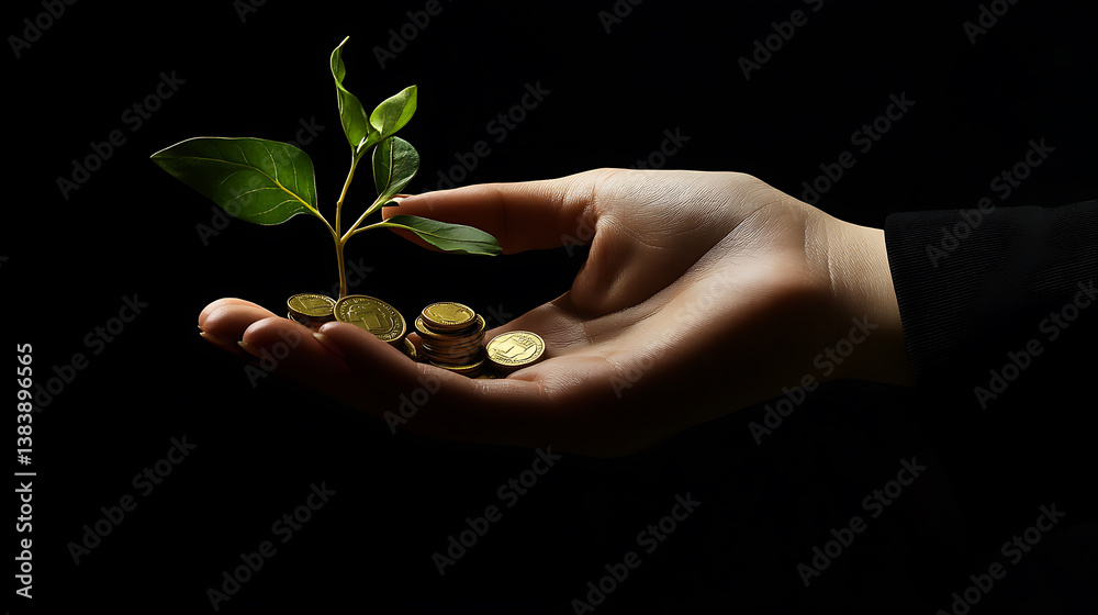 A hand holding a plant growing from coins, symbolizing economic growth and investment A hand holding a plant growing from coins, symbolizing economic growth and investment